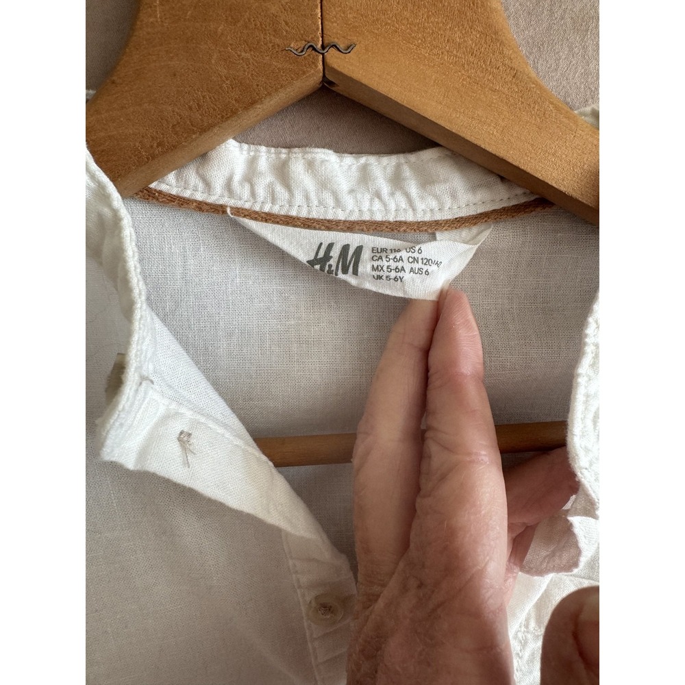 H&M Shirt Boys 6 White‎ Long Sleeve Linen Blend Henley Button Casual Pocket - Picture 2 of 9